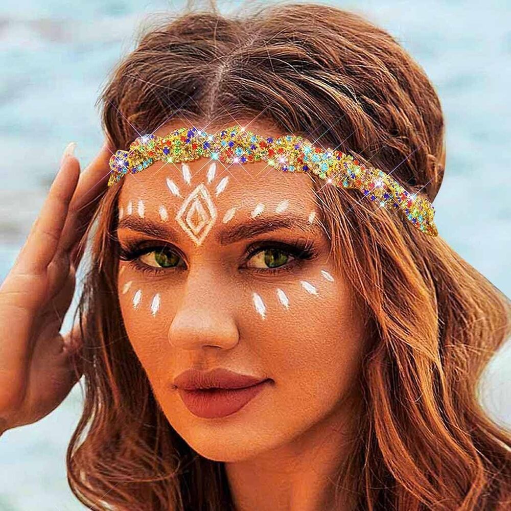 9704 Gold Elastic Rhinestone headbands Sparkly Crystal Braid Head Chain
